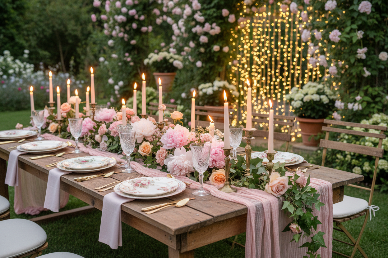 A garden dinner party table set for a theme party